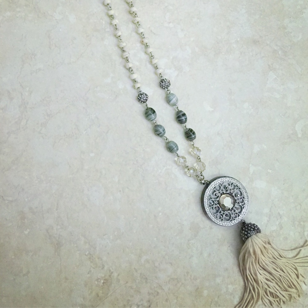 Chico’s Long Beaded Ivory Tassel Pendant